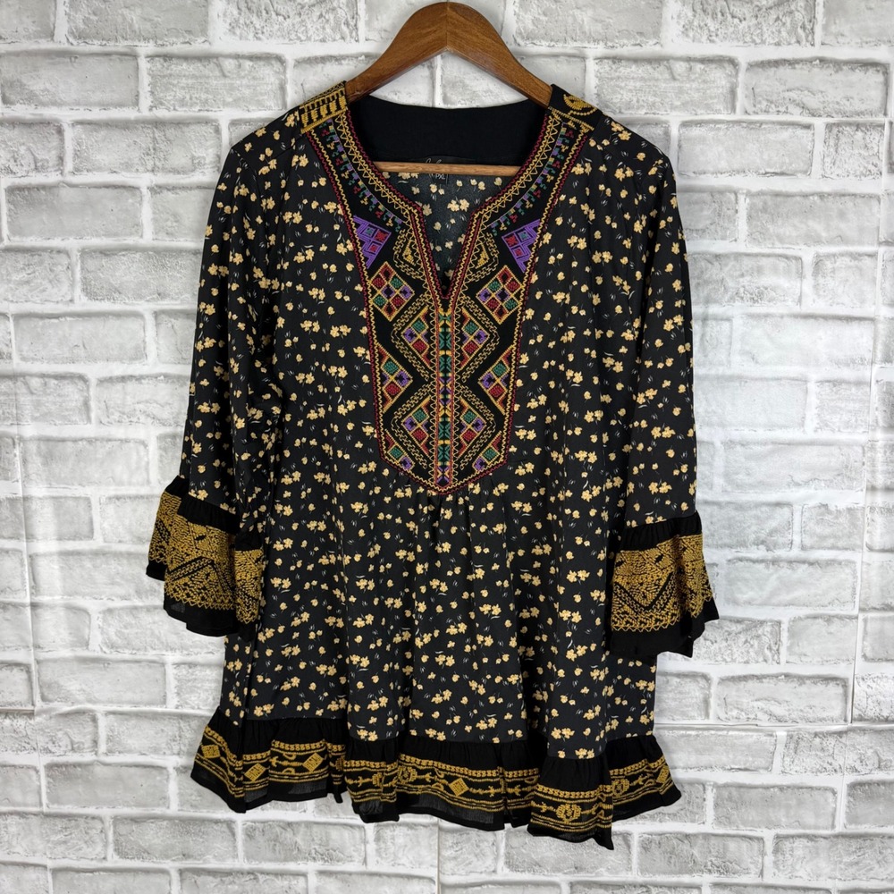 Calessa Womens PXL Black Yellow Floral Embroidered Boho Tunic Bell Sleeve Top